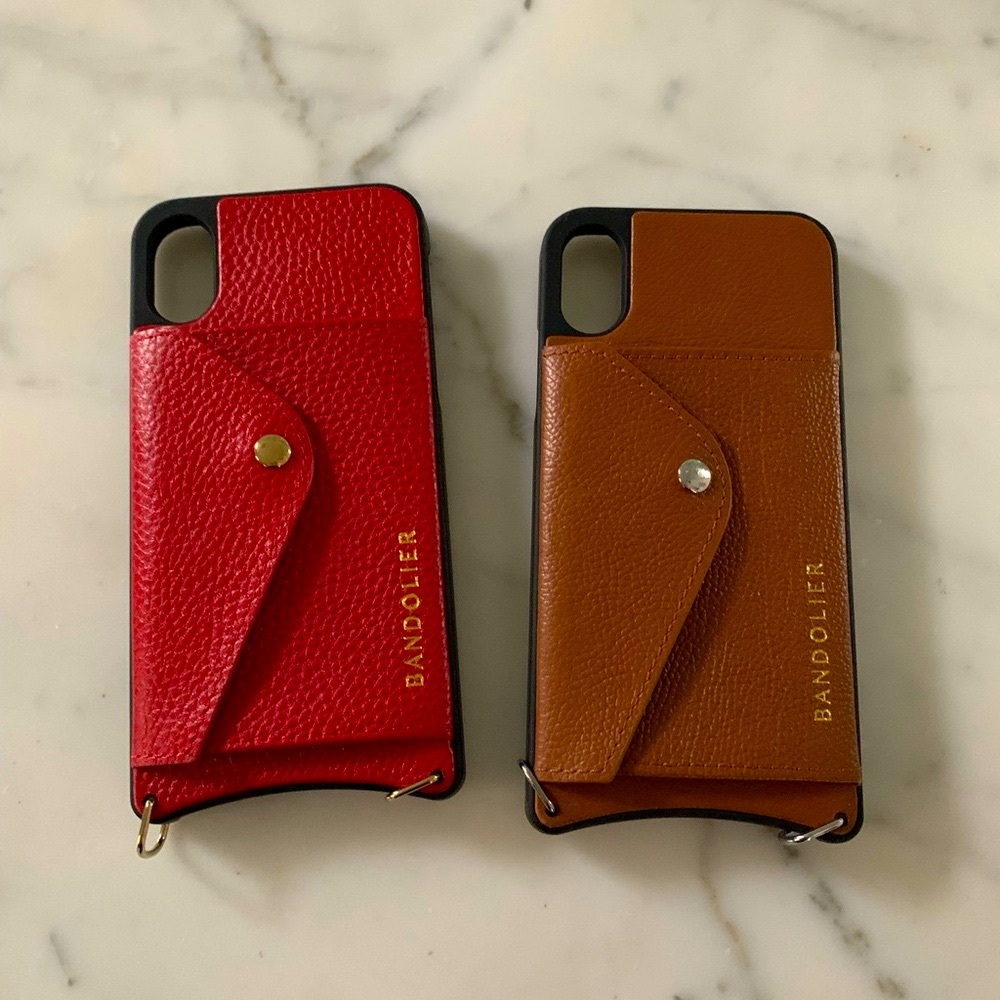 Bandolier X phone cases in cognac and oxblood no straps